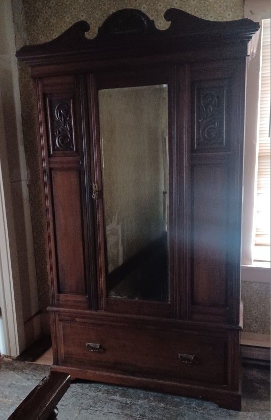 Antique Walnut Armoire Wardrobe with Mirror and Drawer