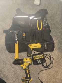 Lot: DeWalt drill, cordless screwdriver, 8v batteries, charger, hammer, Klein needle nose pliers, cutters and tool vest