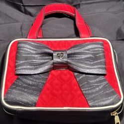 Betsey Johnson Red Quilted Hearts Bow Tote Purse Handbag Weekender Toiletry Bag