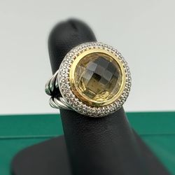 David Yurman 925 Sterling silver & 18k yellow gold Natural 7.5Ct Lemon Quartz 0.65CTW Diamond ring sz6