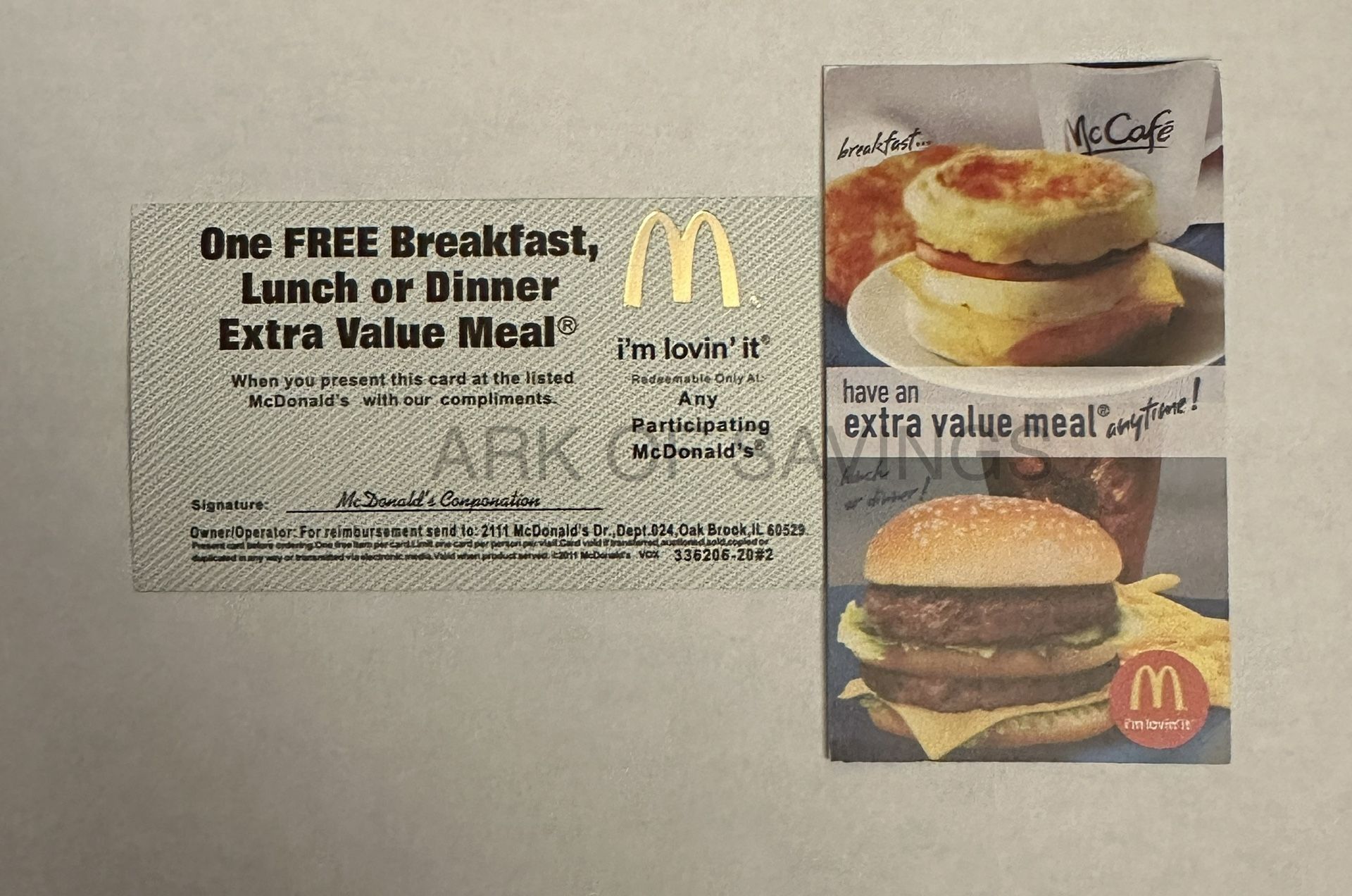 McDonald's Free Combo Meal Coupon Cards Pack of 10