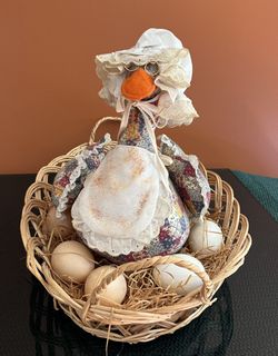 Vintage Cottagecore Handmade Mother Goose Patchwork Plastic Eggs Straw Basket