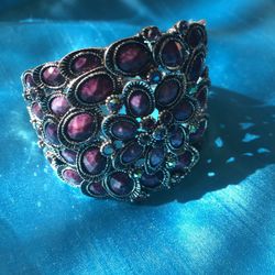 Unique Purple Beaded Art Deco Silver Bracelet Cuff Statement 2” wide