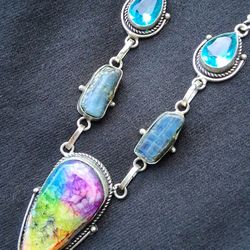 Kyanite, Aquamarine & Solar Quartz Druzy Necklace Sterling silver 925