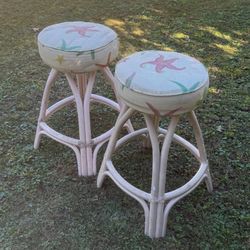 Pair Of Vintage Mid Century Rattan Bamboo Swivel Bar Stools