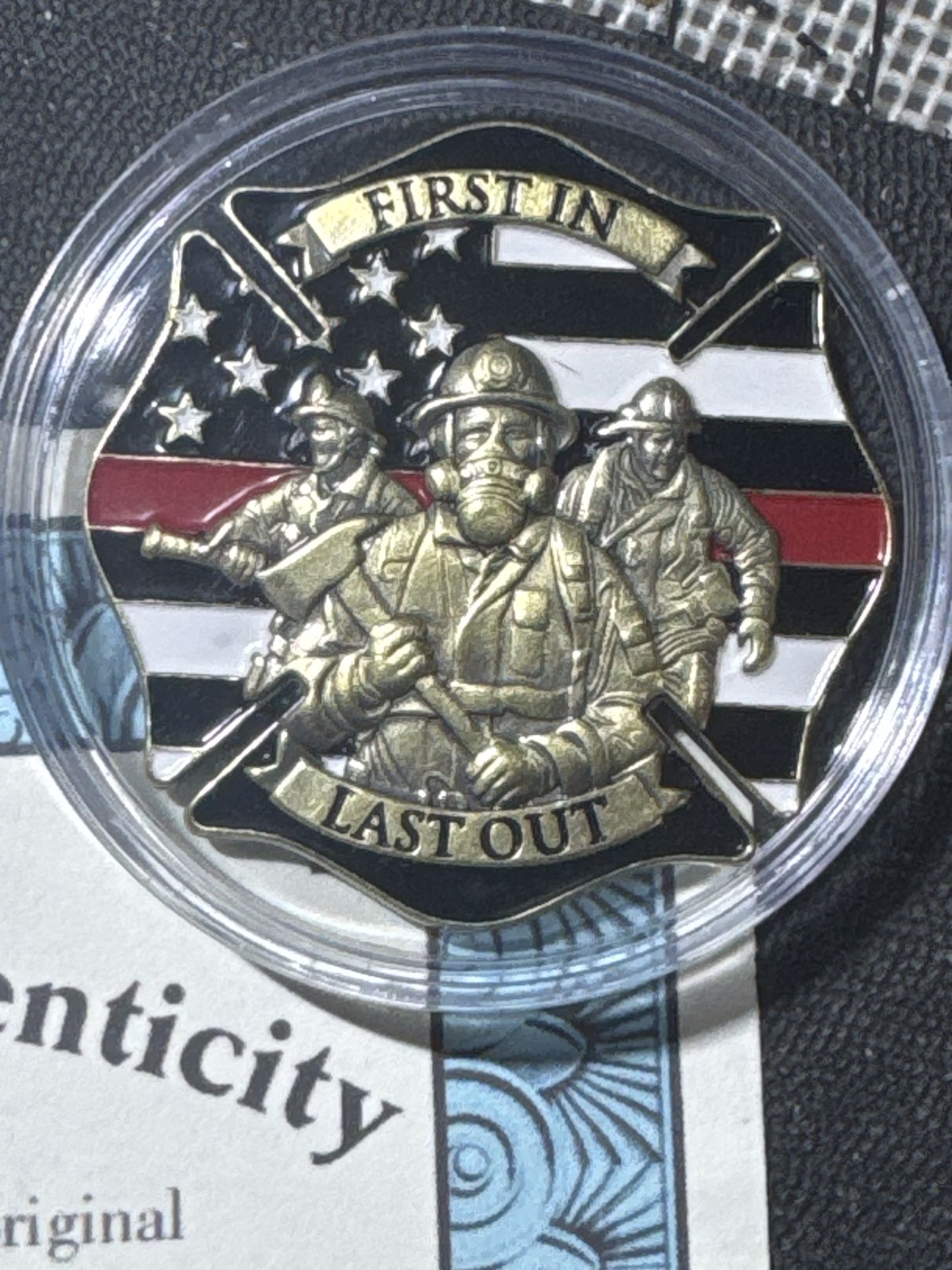 #106 Firefighter Challenge Coin – “First In, Last Out” – Bradford Exchange – Limited Edition #0383 – COA Included