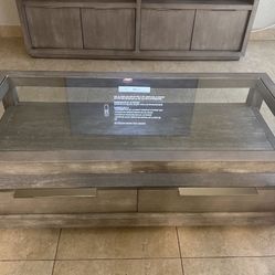 Modern Coffee Table with Glass Top & Storage Drawers