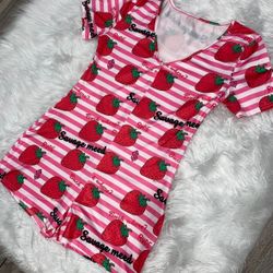 Women's Strawberry Print Jumpsuit V-Neck Button Short Sleeve Slim Pajamas