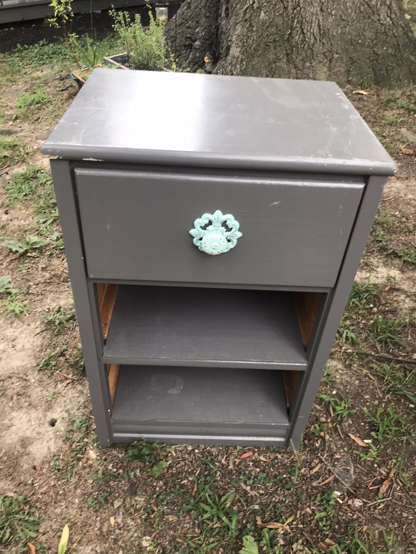 Grey Nightstand w/ Blue Hand painted Hardware 