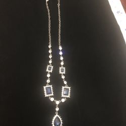 Blue Gemstone Statement Necklace – Silver Tone