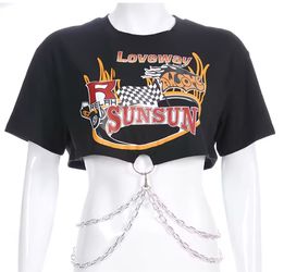 Darlingaga Streetwear Hip Hop White T Shirt Women Crop Top Loose Print Chain Graphic Tees Cropped Summer Women's T-shirt Clothes