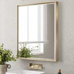 New in box-QueenFun Mirror 30-in x 36-in Beveled Rectangle Bathroom Vanity Mirror ( Gold )