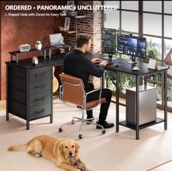 Black L shaped office computer desk with power station - NEW
