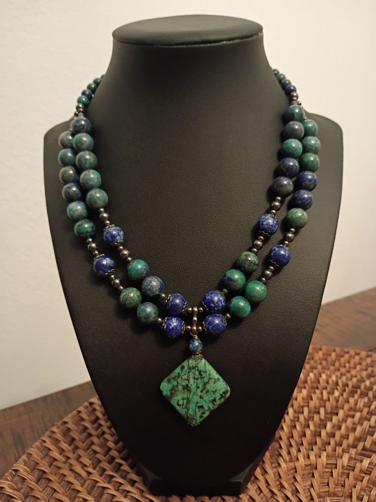 Lapis Lazuli Beaded 925 Sterling Silver Necklace 