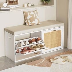 39'' Rattan Entryway Bench with Seat Cushion Shoe Cabinets