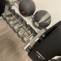 Dumbbell Set W/ Rack, Balls & Bench