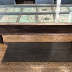 Reclaimed Antique Door Table with Glass Top – 67”x34”
