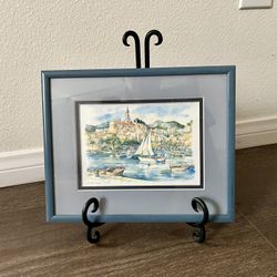 Blue Framed watercolor “Menton” French Riviera Art Print 9/11 inch 