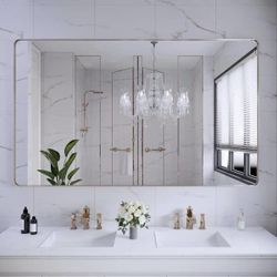59 in. W x 36 in. H Rectangular Framed Wall Mounted Bathroom Vanity Mirror in Brushed nickel