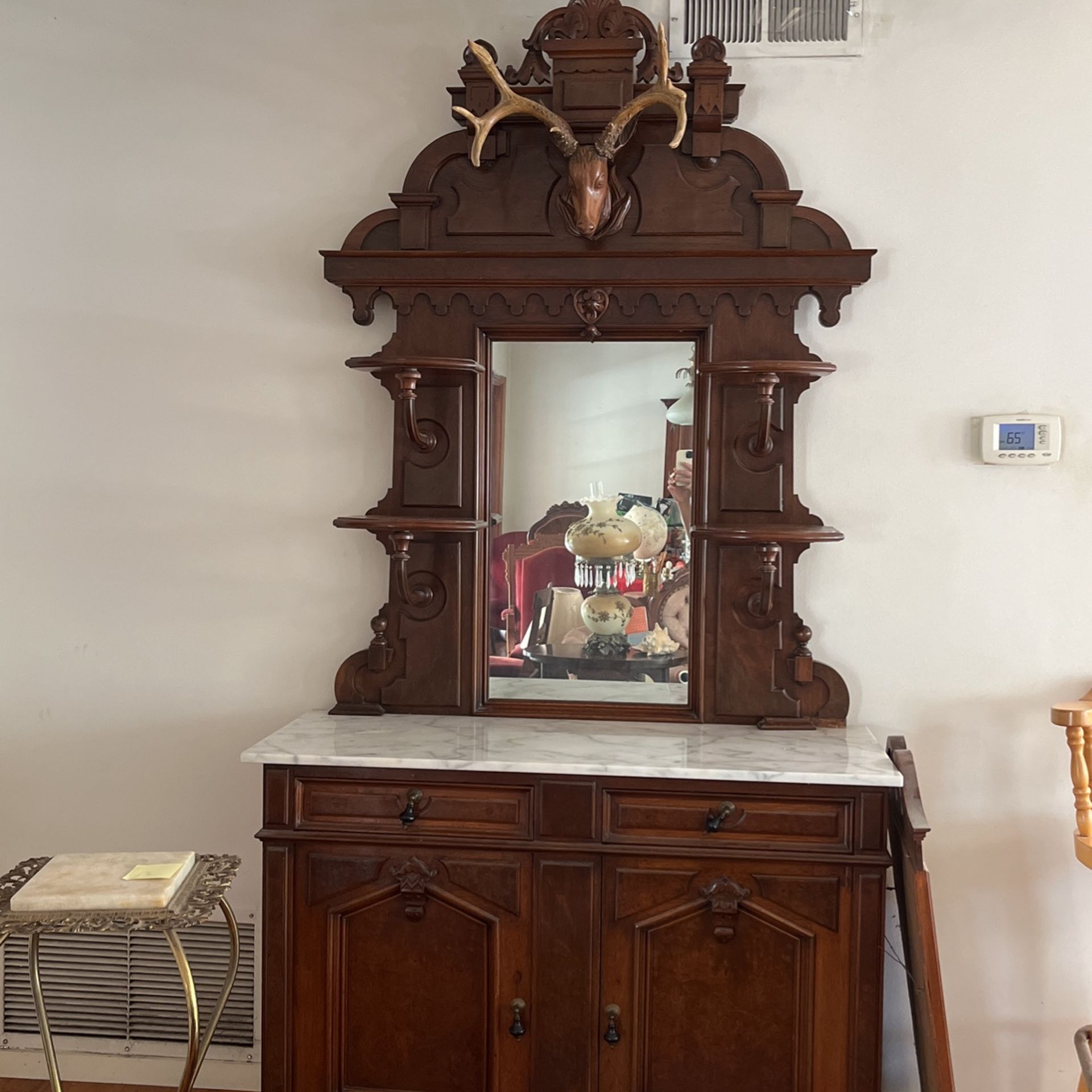 Victorian Stag Head Marble Top Sideboard 