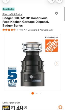 Badger 500, 1/2 HP Continuous Feed Kitchen Garbage Disposal, Badger Series