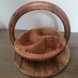 MiddleEast Hand Carved Intricate Wood Basket Fruit Nut Bowl COLLAPSIBLE Vtg