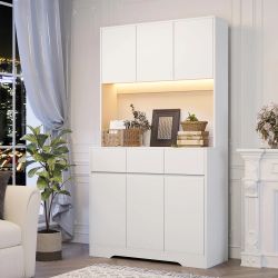 71'' Kitchen Pantry Cabinet with LED Light and Charging Station, Tall Kitchen Hutch Storage Cabinet