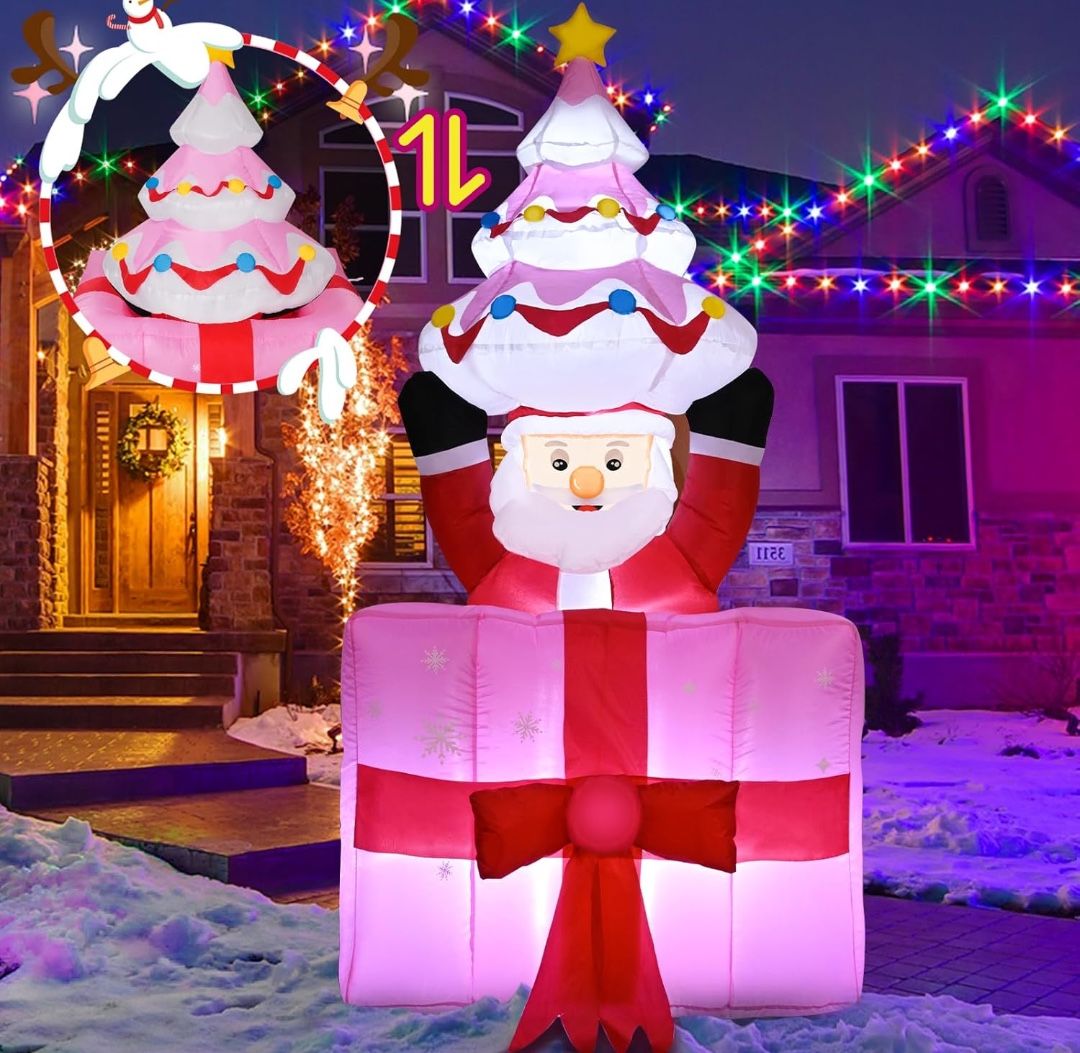  New 6FT Animated Santa In Pink Present With Pink Tree Christmas Inflatable