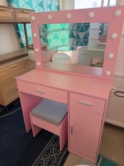 Vanity Rosa con Asiento Gris