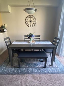 Grey 6-Seat Dining Table Set - 4 Padded Chairs + Padded Bench
*New - Delivery*