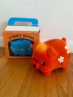 Vintage Mid Century 1960s Mod Flocked Piggy Bank Flower Power