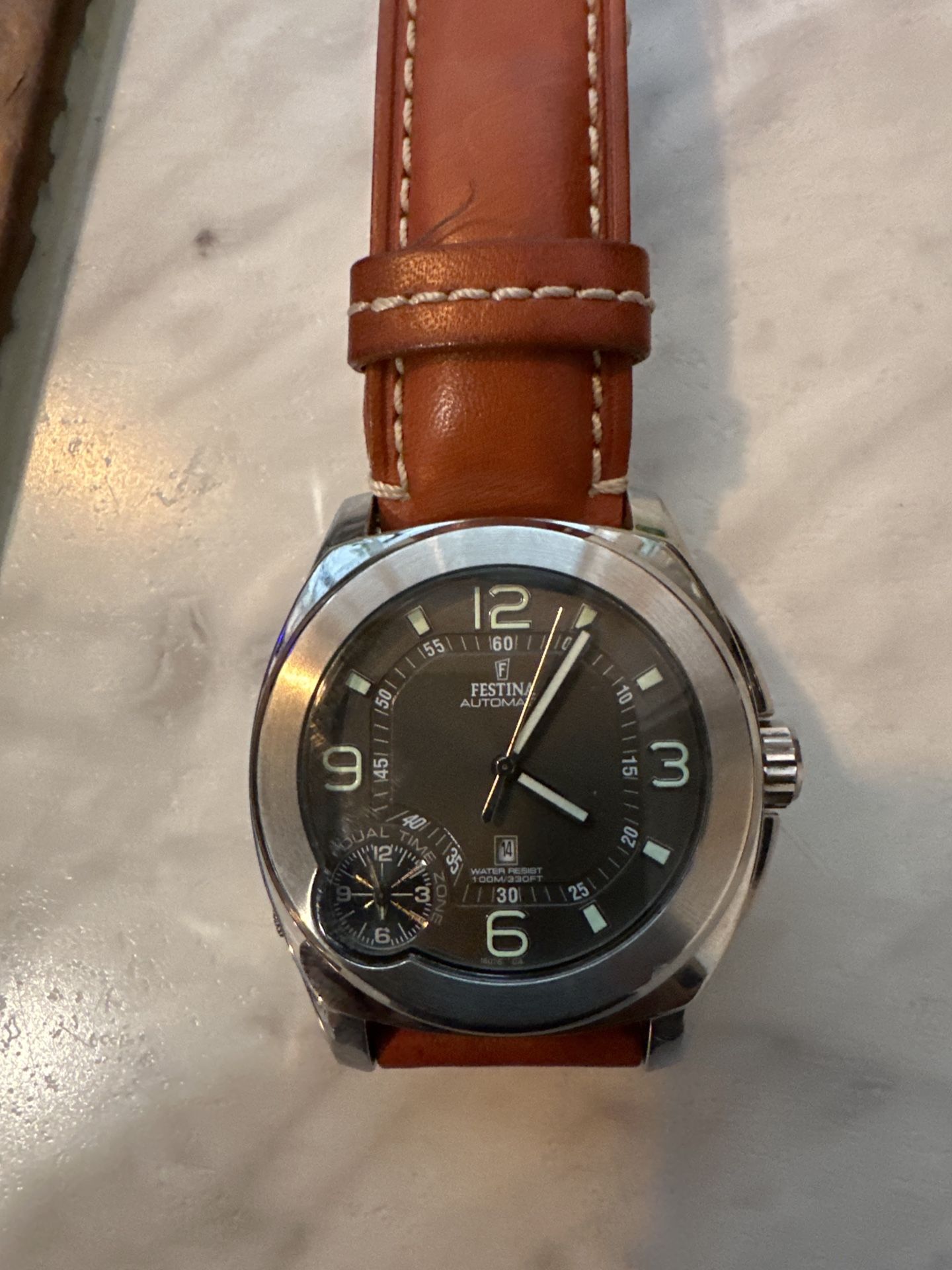 Festina Automatic Watch – Dual Time Zone, Stainless Steel & Leather Band