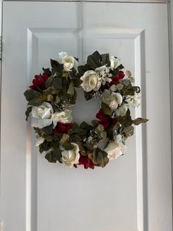 Beautiful Artificial Floral 17” Door Wreath Made of Red & White Roses