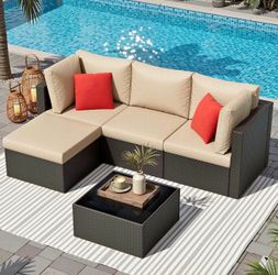 5 Pieces Patio Furniture Sets Outdoor All-Weather Sectional Patio Sofa Set PE Rattan Manual Weaving