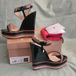 Women's Christian Louboutin Cataclou Black Brown Leather Designer Wedge Block Heels Size 6 US