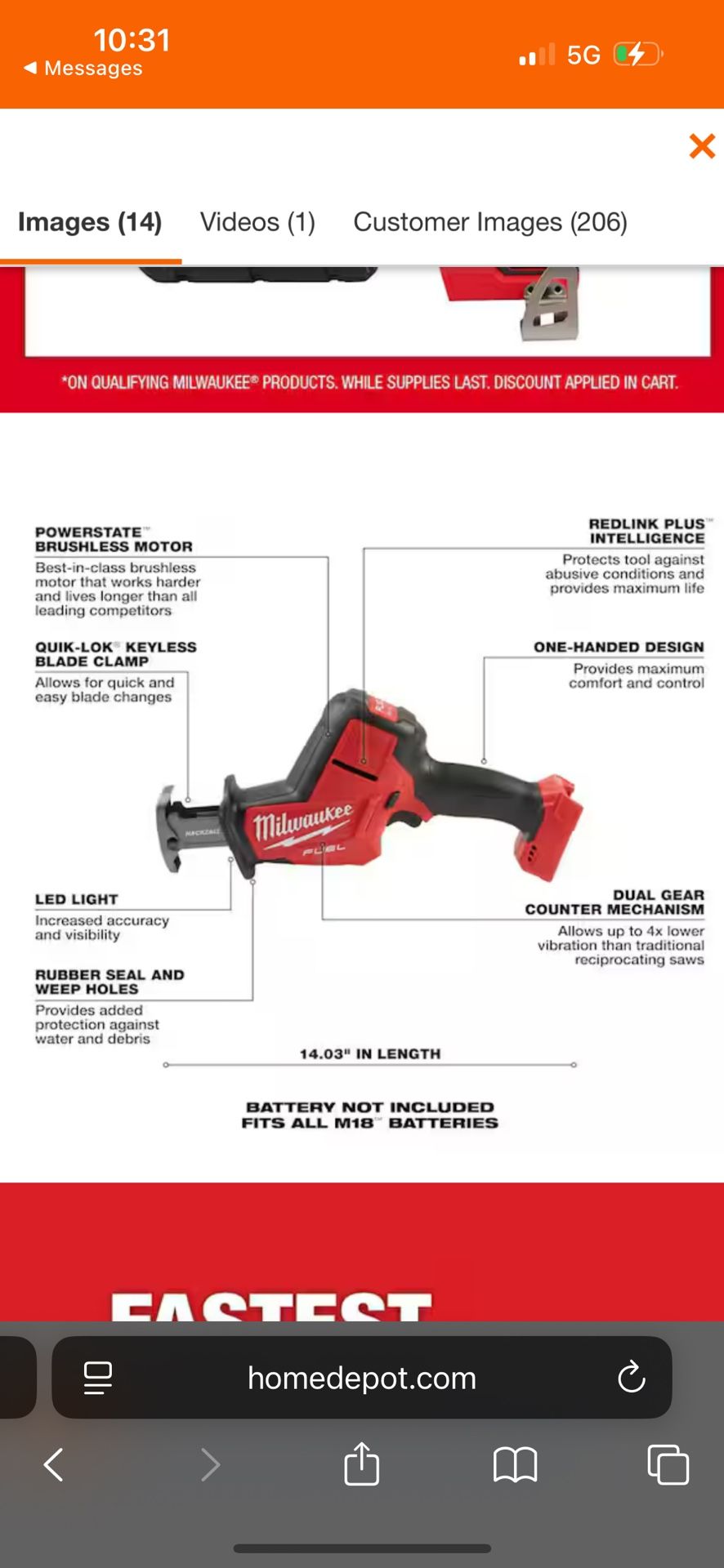 M18 FUEL 18V Lithium-Ion Brushless Cordless HACKZALL Reciprocating Saw (Tool-Only)