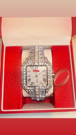 Luxury CR Style Iced-Out Watch – Roman Numeral Dial – Silver Ton