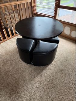 Gaming table with storage seat wedges and telescoping table
