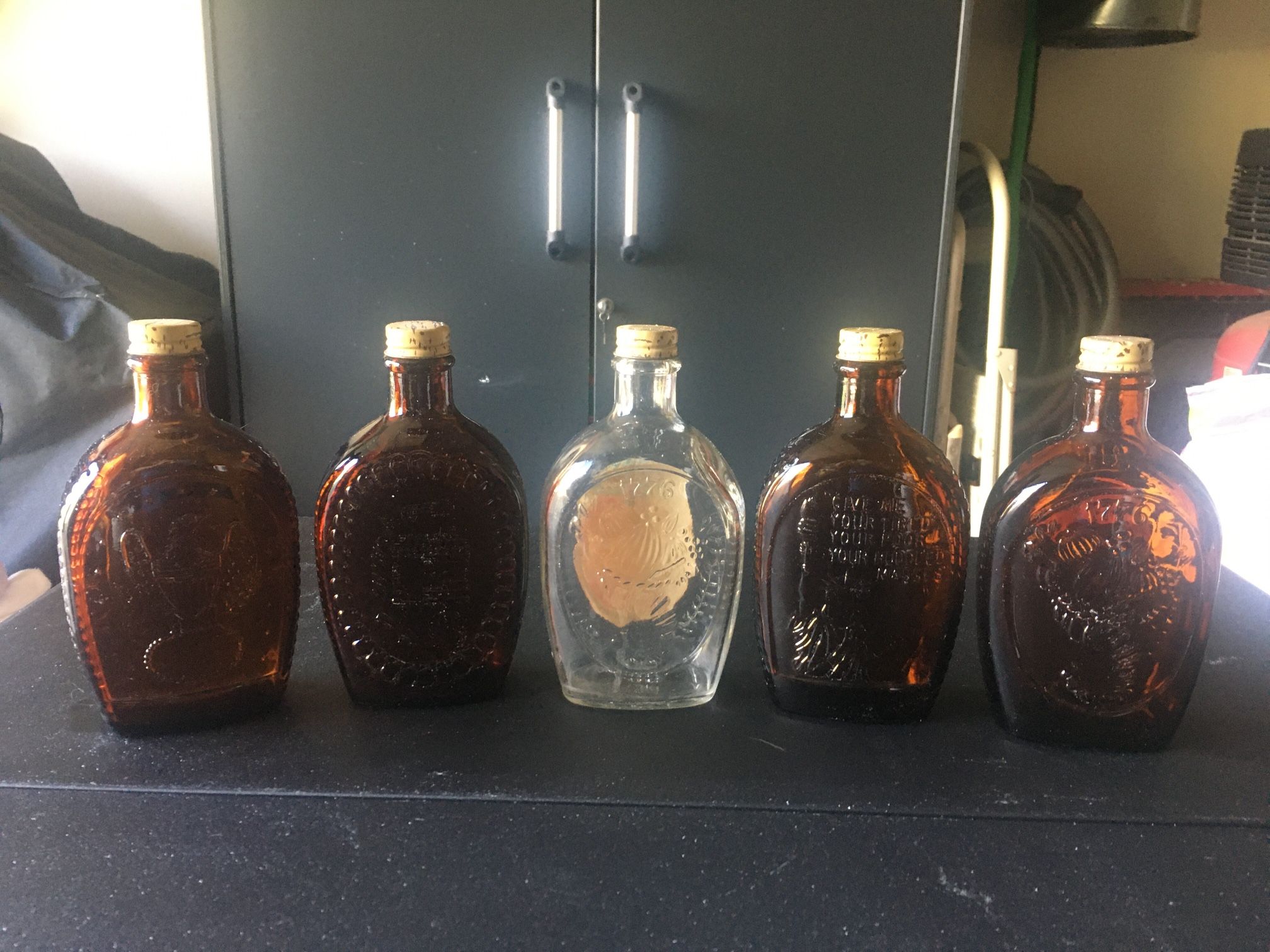 5 Log  Cabin Syrup Bottles 