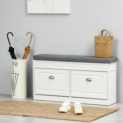 Modern Shoe Storage Bench, Entry Way Bench with Cushion, 2 Drawers, Storage Ottoman Bench, Holds 8 Pairs, White