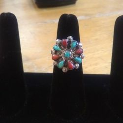 Sterling Silver With Turquoise &Coral Ring 