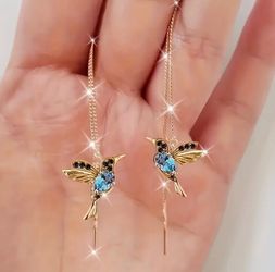 Gold Hummingbird Crystal Drop Threader Earrings