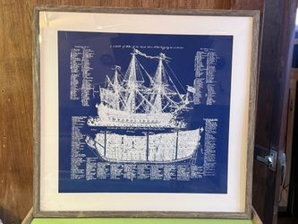 Framed British Warship Blueprint Print – 28″×26½″, Rustic Frame