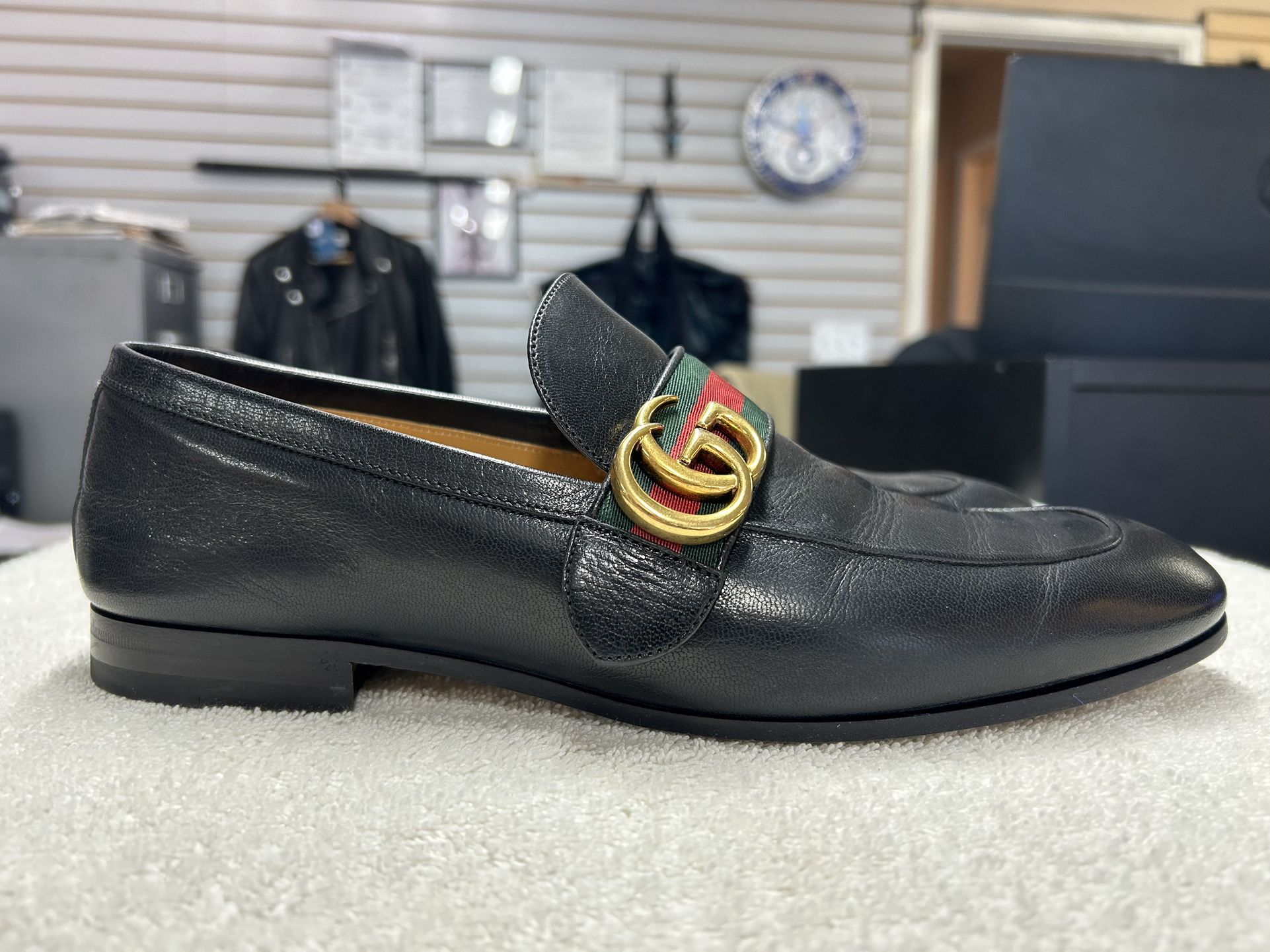 Gucci GG Web Donnie Black Leather Loafers Shoes SZ: 8.5