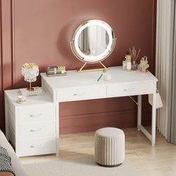 White Vanity Desk with 5 Drawers, 53 Inch Computer Desk with Storage Shelf, Reversible Work Home Office