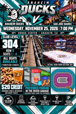 Anaheim Ducks vs Sharks Club Level Tickets