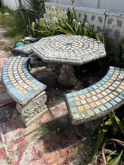 Mosaic Tile Concrete Outdoor Table and Bench Set