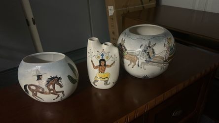 3 Hand-Painted Native American Deer Dancer Ceramic Vase