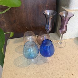 Colorful mid-century bar ware for sniffers, and two cordial glasses