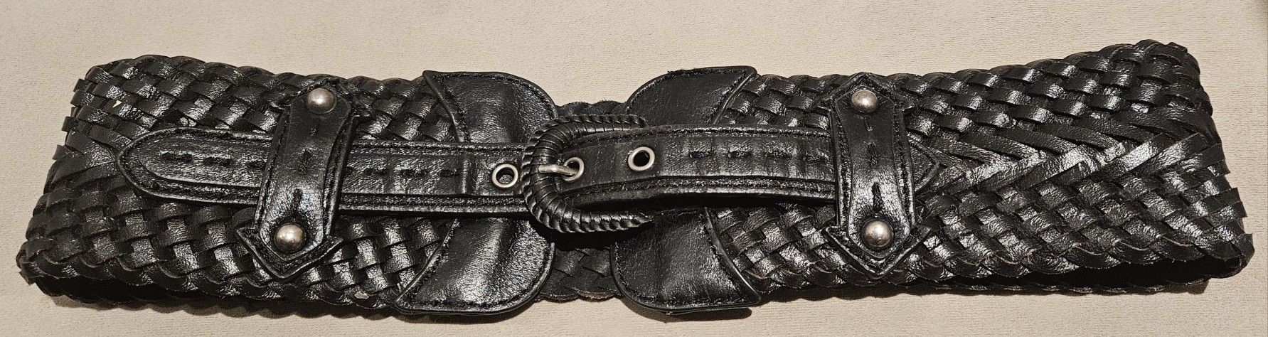 Belgo Lux Women Size (M) Black Wide Leather Belt Weaved Braided